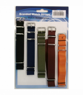 Nato style fabric watch strap 5pk assorted plain colours V18.24mm