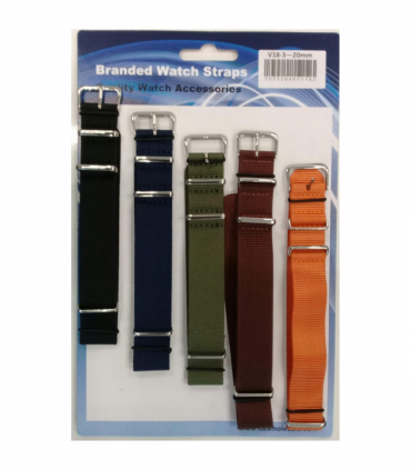 Nato style fabric watch strap 5pk assorted plain colours V18.20mm