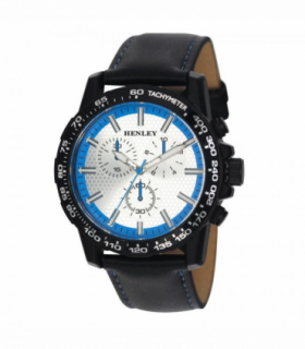 Henley Mens Satin Black Sports Coloured Stitch Multi Eye Watch Blue H03015.16