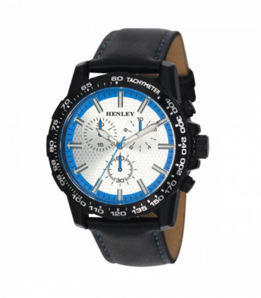 Henley Mens Satin Black Sports Coloured Stitch Multi Eye Watch Blue H03015.16