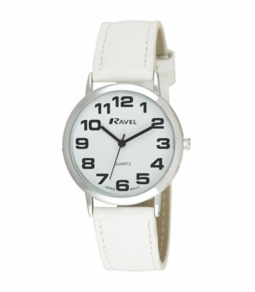 Ravel Unisex Classic Big Dial White Leather Strap Watch R0105.13.4A