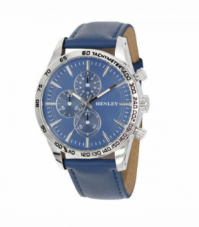 Henley Mens Polished Silver Sports Multi Eye Blue Dial Blue Leather Strap Watch H03016.6