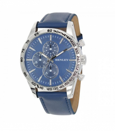 Henley Mens Polished Silver Sports Multi Eye Blue Dial Blue Leather Strap Watch H03016.6