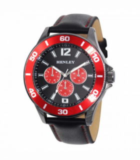 Henley Mens Polished Gun Sports Coloured Stitch Multi Eye Watch Gun/Red H03014.10