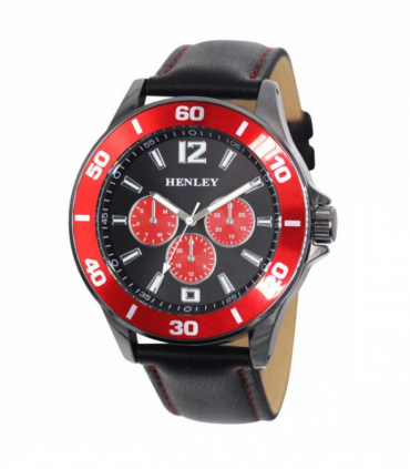 Henley Mens Polished Gun Sports Coloured Stitch Multi Eye Watch Gun/Red H03014.10
