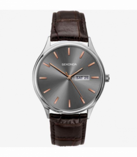Sekonda Mens Basic Day date Grey Dial Brown Leather Strap Watch 1685