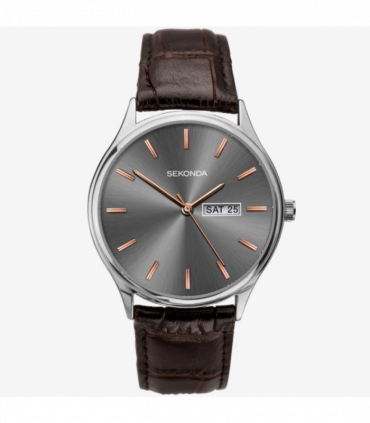 Sekonda Mens Basic Day date Grey Dial Brown Leather Strap Watch 1685