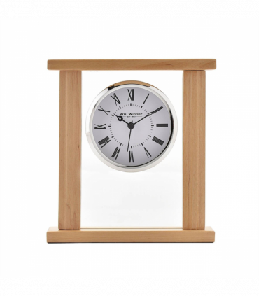 Wm.Widdop Wood & Glass Mantel Clock Roman Dial Silver Bezel W2771