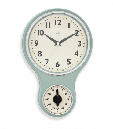 Acctim Kitchen Time 20cm Timer Quartz Retro Style Domed Glass Lens Sage Wall Clock 21598