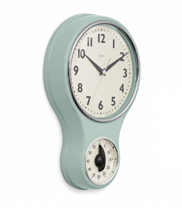 Acctim Kitchen Time 20cm Timer Quartz Retro Style Domed Glass Lens Sage Wall Clock 21598