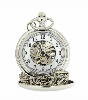 Boxx Mens  Silver Tone Skeleton Mechanical Pocket Watch 12" Chain M5084.01