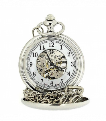 Boxx Mens  Silver Tone Skeleton Mechanical Pocket Watch 12" Chain M5084.01