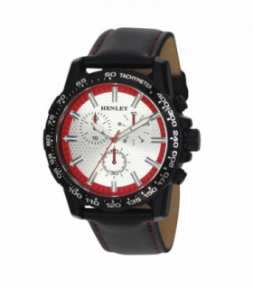 Henley Mens Satin Black Sports Coloured Stitch Multi Eye Watch Red H03015.20