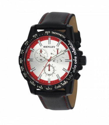 Henley Mens Satin Black Sports Coloured Stitch Multi Eye Watch Red H03015.20