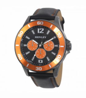 Henley Mens Polished Gun Sports Coloured Stitch Multi Eye Watch Gun/Orange H03014.8