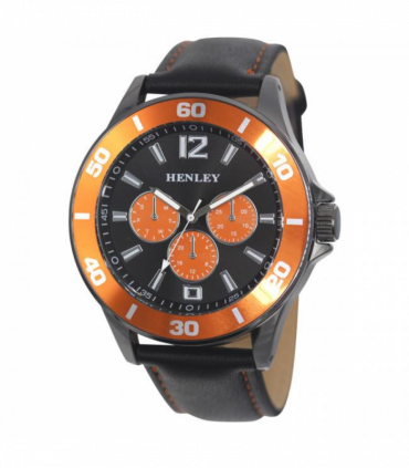 Henley Mens Polished Gun Sports Coloured Stitch Multi Eye Watch Gun/Orange H03014.8