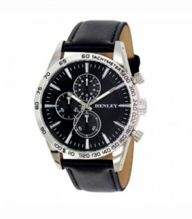 Henley Mens Polished Silver Sports Multi Eye Black Dial Black Leather Strap Watch H03016.3
