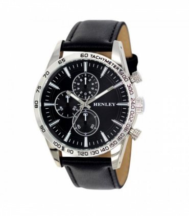 Henley Mens Polished Silver Sports Multi Eye Black Dial Black Leather Strap Watch H03016.3