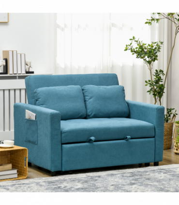 HOMCOM 2 Seater Sofa Bed Convertible Bed Settee with Cushions, Pockets, Blue