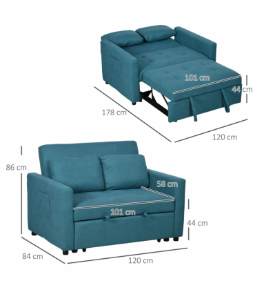 HOMCOM 2 Seater Sofa Bed Convertible Bed Settee with Cushions, Pockets, Blue