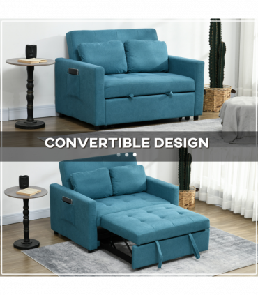 HOMCOM 2 Seater Sofa Bed Convertible Bed Settee with Cushions, Pockets, Blue