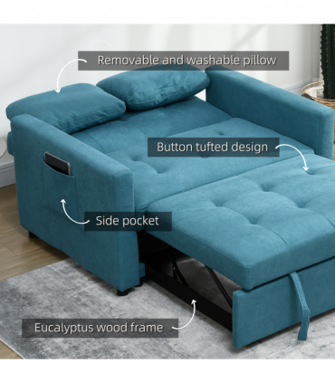 HOMCOM 2 Seater Sofa Bed Convertible Bed Settee with Cushions, Pockets, Blue