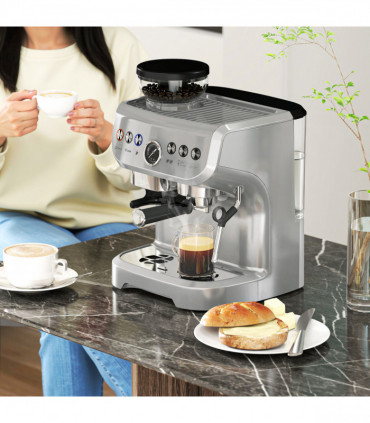 HOMCOM Espresso Machine, Bean Grinder & Steam Wand, 15 Bar Pressure, Silver.