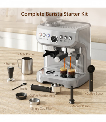 HOMCOM Espresso Machine, Bean Grinder & Steam Wand, 15 Bar Pressure, Silver.