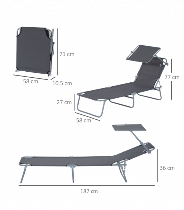 Folding Chair Sun Lounger Recliner Seat Sunshade Garden Outdoor Grey