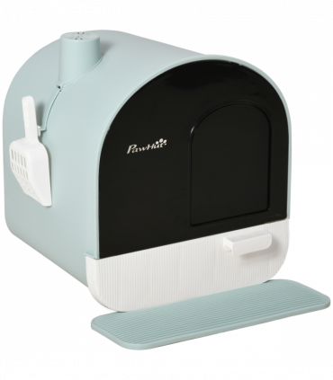 Hooded Cat Litter Tray Green Plastic 43L x 44W x 47H cm Scoop Filter Flap Door