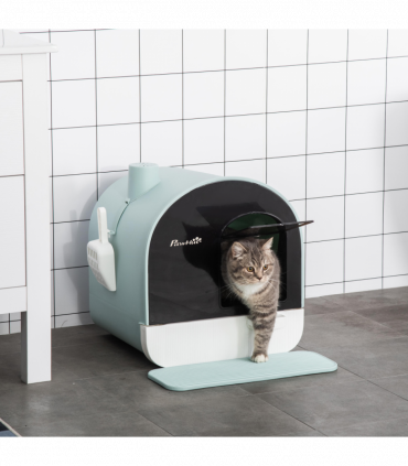 Hooded Cat Litter Tray Green Plastic 43L x 44W x 47H cm Scoop Filter Flap Door