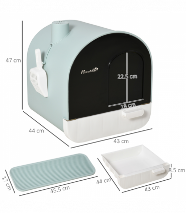 Hooded Cat Litter Tray Green Plastic 43L x 44W x 47H cm Scoop Filter Flap Door