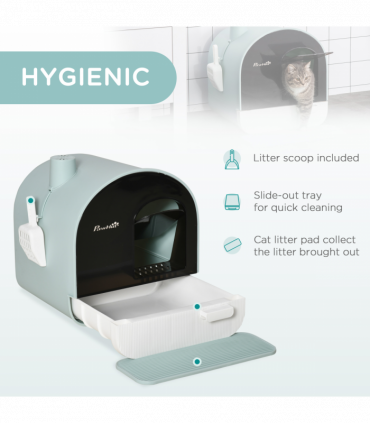 Hooded Cat Litter Tray Green Plastic 43L x 44W x 47H cm Scoop Filter Flap Door