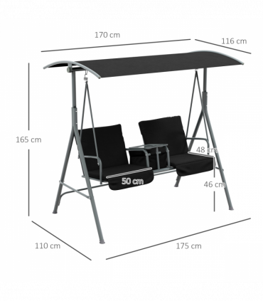 Outsunny 2 Person Covered Patio Swing with Pivot Table & Storage Console Black