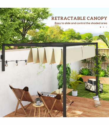 Outsunny 2 x 3(m) Wall Mounted Pergola with Retractable Roof, Khaki
