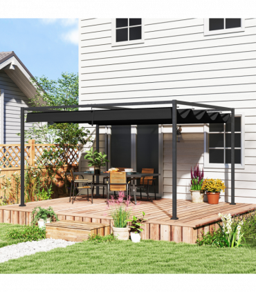 Outsunny 4x3(m) Metal Pergola Gazebo Patio Sunshelter Retractable Canopy Black