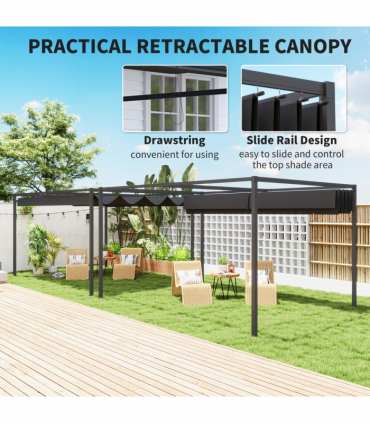 Outsunny 4x3(m) Metal Pergola Gazebo Patio Sunshelter Retractable Canopy Black