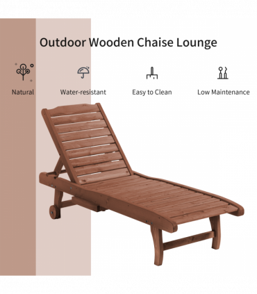 Outsunny Wooden Sun Lounger Outdoor Patio Sun Bed Adjustable w/ Pull-out Table