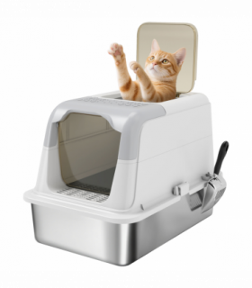 PawHut Stainless Steel Litter Box, Enclosed Metal Litter Tray with Scoop