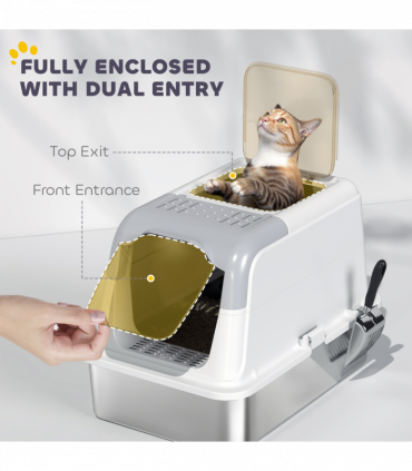 PawHut Stainless Steel Litter Box, Enclosed Metal Litter Tray with Scoop