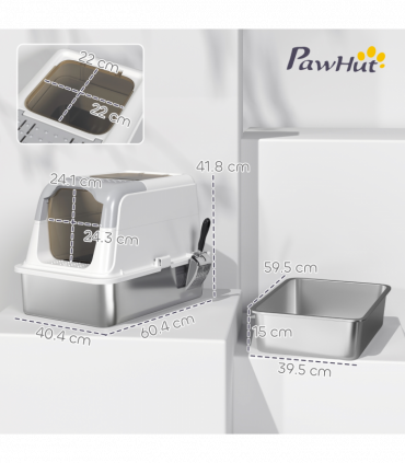 PawHut Stainless Steel Litter Box, Enclosed Metal Litter Tray with Scoop