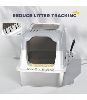 PawHut Stainless Steel Litter Box, Enclosed Metal Litter Tray with Scoop