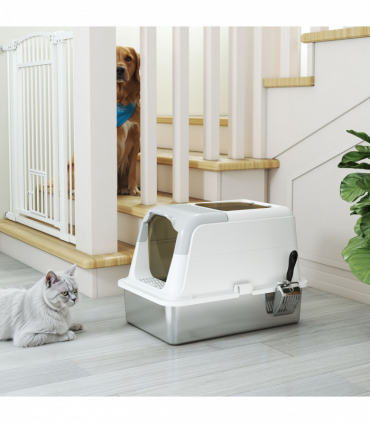 PawHut Stainless Steel Litter Box, Enclosed Metal Litter Tray with Scoop