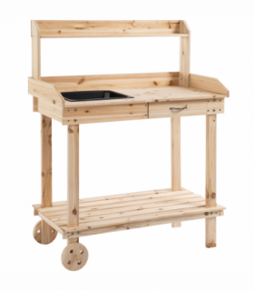 Wooden Bench Work Table & 2 Wheels, Sink, Drawer & Storage Spaces, 92x45x119cm