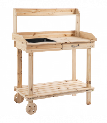 Wooden Bench Work Table & 2 Wheels, Sink, Drawer & Storage Spaces, 92x45x119cm