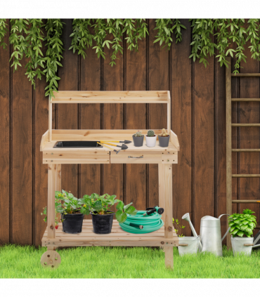 Wooden Bench Work Table & 2 Wheels, Sink, Drawer & Storage Spaces, 92x45x119cm