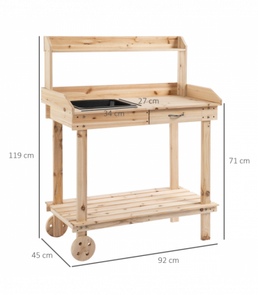Wooden Bench Work Table & 2 Wheels, Sink, Drawer & Storage Spaces, 92x45x119cm
