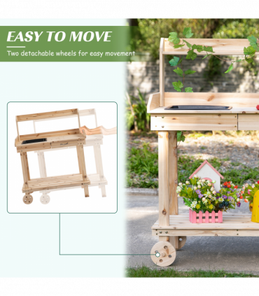 Wooden Bench Work Table & 2 Wheels, Sink, Drawer & Storage Spaces, 92x45x119cm