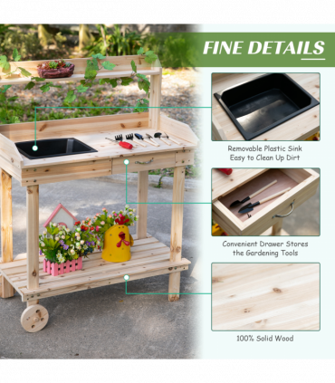 Wooden Bench Work Table & 2 Wheels, Sink, Drawer & Storage Spaces, 92x45x119cm
