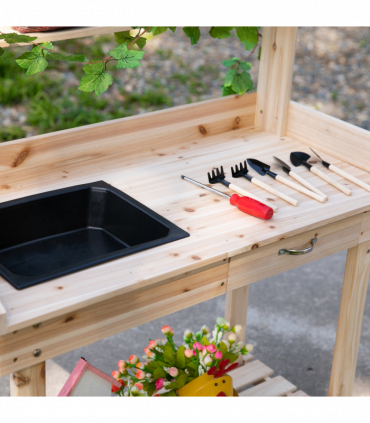 Wooden Bench Work Table & 2 Wheels, Sink, Drawer & Storage Spaces, 92x45x119cm